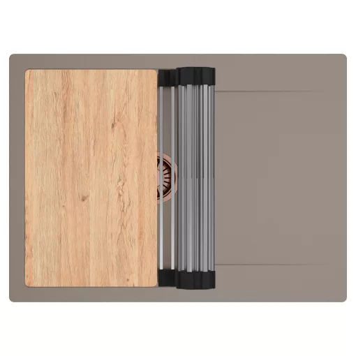 HD Onyx Tortora 68-XL egymedencés gránit mosogatótálca szett, csepegtetőtálcával, vágódeszkával, acél csepegtetőráccsal, tortora színben, szálcsiszolt réz leeresztő szifonnal