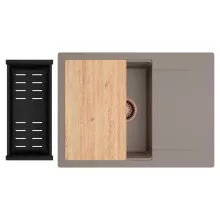 HD Onyx Tortora 68-XL egymedencés gránit mosogatótálca szett, csepegtetőtálcával, vágódeszkával, matt fekete csepegtetőkosárral, tortora színben, szálcsiszolt réz leeresztő szifonnal