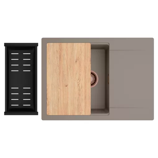 HD Onyx Tortora 68-XL egymedencés gránit mosogatótálca szett, csepegtetőtálcával, vágódeszkával, matt fekete csepegtetőkosárral, tortora színben, szálcsiszolt réz leeresztő szifonnal