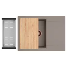 HD Onyx Tortora 68-XL egymedencés gránit mosogatótálca szett, csepegtetőtálcával, vágódeszkával, acél csepegtetőkosárral, tortora színben, szálcsiszolt réz leeresztő szifonnal