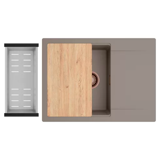 HD Onyx Tortora 68-XL egymedencés gránit mosogatótálca szett, csepegtetőtálcával, vágódeszkával, acél csepegtetőkosárral, tortora színben, szálcsiszolt réz leeresztő szifonnal