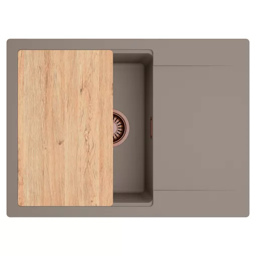 HD Onyx Tortora 68-XL egymedencés gránit mosogatótálca, vágódeszkával, tortora színben, szálcsiszolt réz leeresztő szifonnal