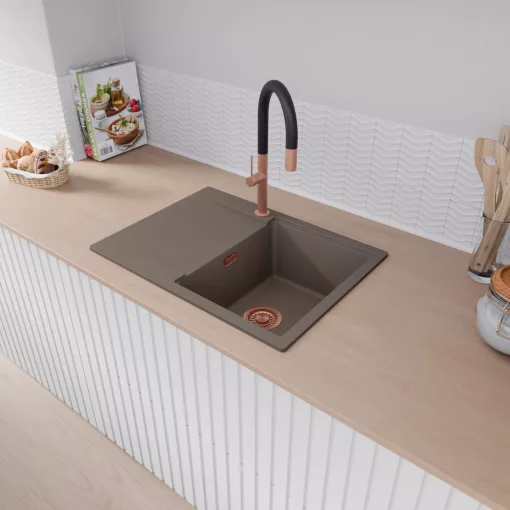 HD Onyx Tortora 68-XL egymedencés gránit mosogatótálca, vágódeszkával, tortora színben, szálcsiszolt réz leeresztő szifonnal