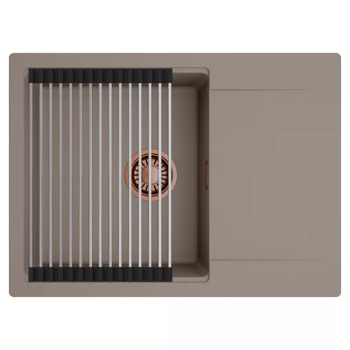 HD Onyx Tortora 68-XL egymedencés mosogatótálca szett, acél csepegtetőráccsal, csepegtetőtálcával, tortora színben, szálcsiszolt réz leeresztő szifonnal