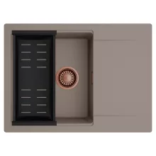 HD Onyx Tortora 68-XL egymedencés mosogatótálca szett, matt fekete csepegtetőkosárral, csepegtetőtálcával, tortora színben, szálcsiszolt réz leeresztő szifonnal