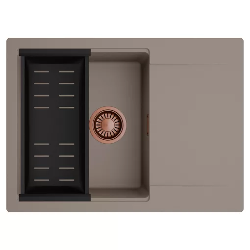 HD Onyx Tortora 68-XL egymedencés mosogatótálca szett, matt fekete csepegtetőkosárral, csepegtetőtálcával, tortora színben, szálcsiszolt réz leeresztő szifonnal