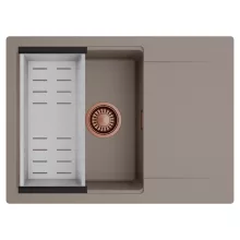 HD Onyx Tortora 68-XL egymedencés mosogatótálca szett, acél csepegtetőkosárral, csepegtetőtálcával, tortora színben, szálcsiszolt réz leeresztő szifonnal