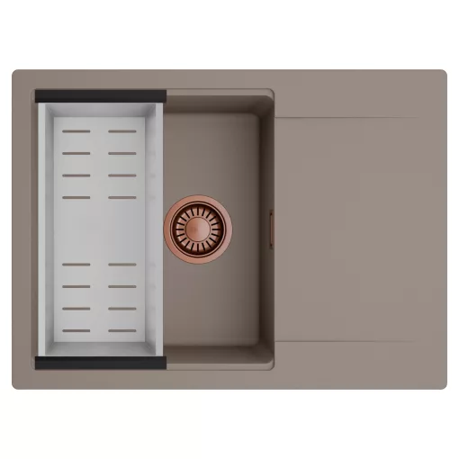 HD Onyx Tortora 68-XL egymedencés mosogatótálca szett, acél csepegtetőkosárral, csepegtetőtálcával, tortora színben, szálcsiszolt réz leeresztő szifonnal