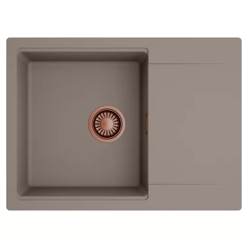 HD Onyx Tortora 68-XL egymedencés mosogatótálca, csepegtetőtálcával, tortora színben, szálcsiszolt réz leeresztő szifonnal