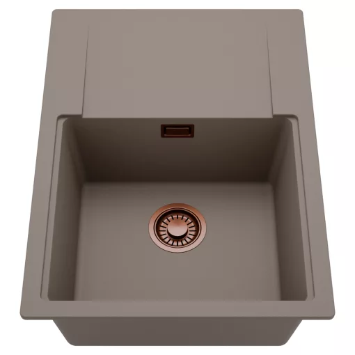 HD Onyx Tortora 68-XL egymedencés mosogatótálca, csepegtetőtálcával, tortora színben, szálcsiszolt réz leeresztő szifonnal