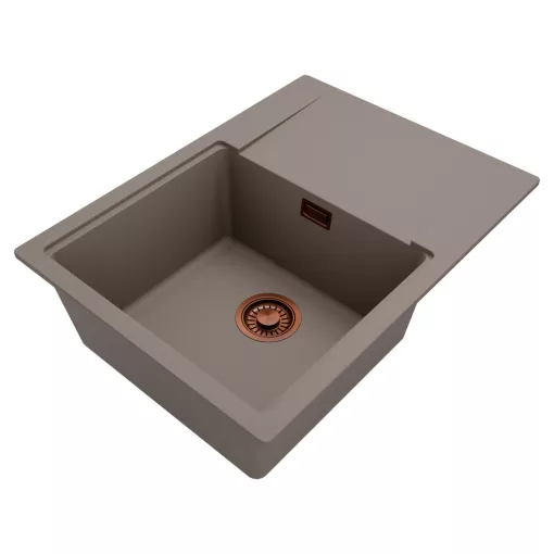 HD Onyx Tortora 68-XL egymedencés mosogatótálca, csepegtetőtálcával, tortora színben, szálcsiszolt réz leeresztő szifonnal