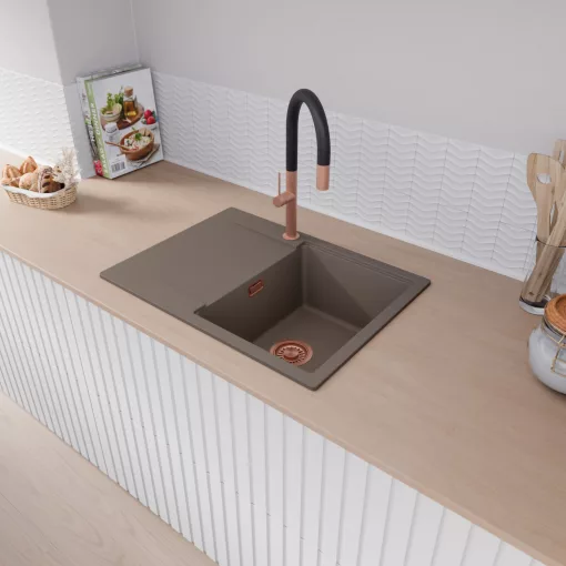 HD Onyx Tortora 68-XL egymedencés mosogatótálca, csepegtetőtálcával, tortora színben, szálcsiszolt réz leeresztő szifonnal