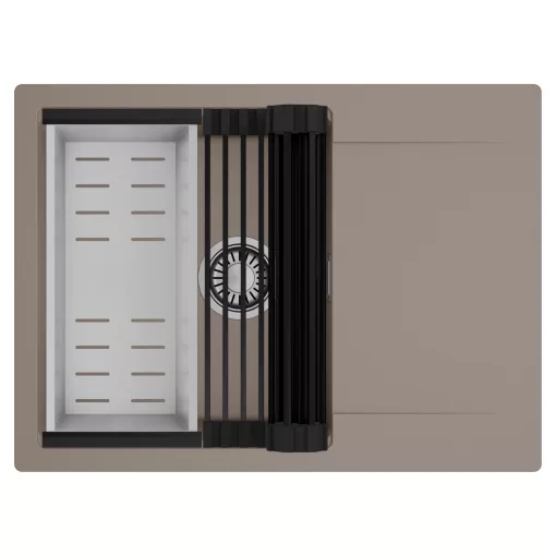 HD Onyx Tortora 68-XL egymedencés mosogatótálca szett, matt fekete csepegtetőráccsal és krómozott kosárral, csepegtetőtálcával, tortora színben