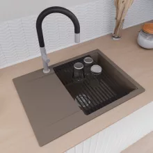 HD Onyx Tortora 68-XL egymedencés mosogatótálca szett, matt fekete csepegtetőráccsal és krómozott kosárral, csepegtetőtálcával, tortora színben