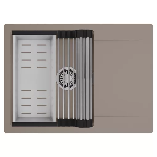 HD Onyx Tortora 68-XL egymedencés mosogatótálca szett, acél csepegtetőráccsal és kosárral, csepegtetőtálcával, tortora színben