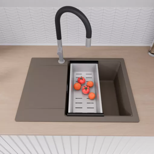 HD Onyx Tortora 68-XL egymedencés mosogatótálca szett, acél csepegtetőráccsal és kosárral, csepegtetőtálcával, tortora színben