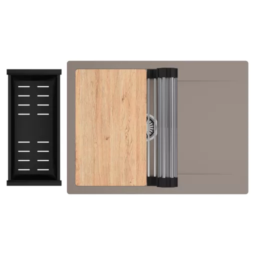 HD Onyx Tortora 68-XL egymedencés gránit mosogatótálca szett, csepegtetőtálcával, vágódeszkával, acél csepegtetőráccsal és matt fekete kosárral, tortora színben