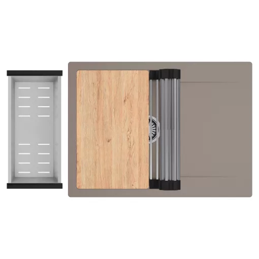 HD Onyx Tortora 68-XL egymedencés gránit mosogatótálca szett, csepegtetőtálcával, vágódeszkával, acél csepegtetőráccsal és kosárral, tortora színben