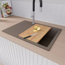HD Onyx Tortora 68-XL egymedencés gránit mosogatótálca szett, csepegtetőtálcával, vágódeszkával, acél csepegtetőráccsal, tortora színben
