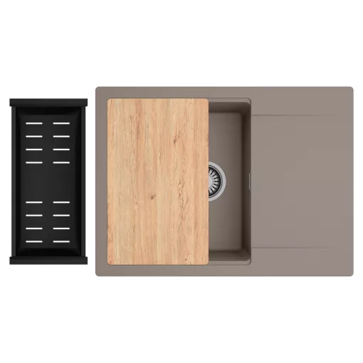 HD Onyx Tortora 68-XL egymedencés gránit mosogatótálca szett, csepegtetőtálcával, vágódeszkával, matt fekete csepegtetőkosárral, tortora színben
