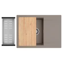 HD Onyx Tortora 68-XL egymedencés gránit mosogatótálca szett, csepegtetőtálcával, vágódeszkával, acél csepegtetőkosárral, tortora színben