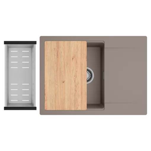 HD Onyx Tortora 68-XL egymedencés gránit mosogatótálca szett, csepegtetőtálcával, vágódeszkával, acél csepegtetőkosárral, tortora színben