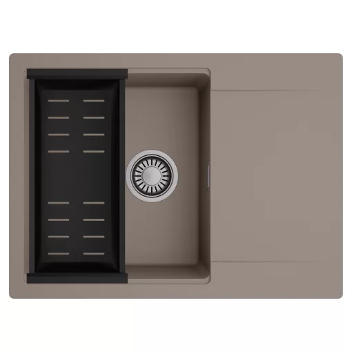 HD Onyx Tortora 68-XL egymedencés mosogatótálca szett, matt fekete csepegtetőkosárral, csepegtetőtálcával, tortora színben