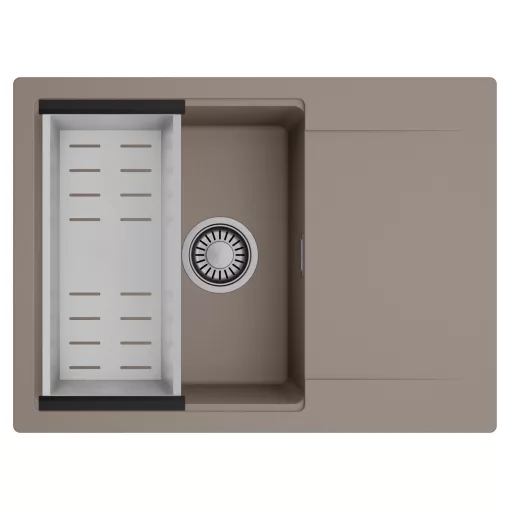 HD Onyx Tortora 68-XL egymedencés mosogatótálca szett, acél csepegtetőkosárral, csepegtetőtálcával, tortora színben