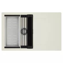 HD Onyx White 78 egymedencés mosogatótálca szett, matt fekete csepegtetőráccsal és krómozott kosárral, csepegtetőtálcával, tört fehér színben, szálcsiszolt króm leeresztő szifonnal