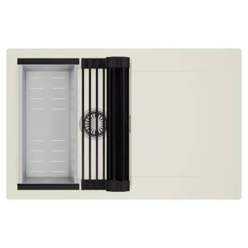 HD Onyx White 78 egymedencés mosogatótálca szett, matt fekete csepegtetőráccsal és krómozott kosárral, csepegtetőtálcával, tört fehér színben, szálcsiszolt króm leeresztő szifonnal