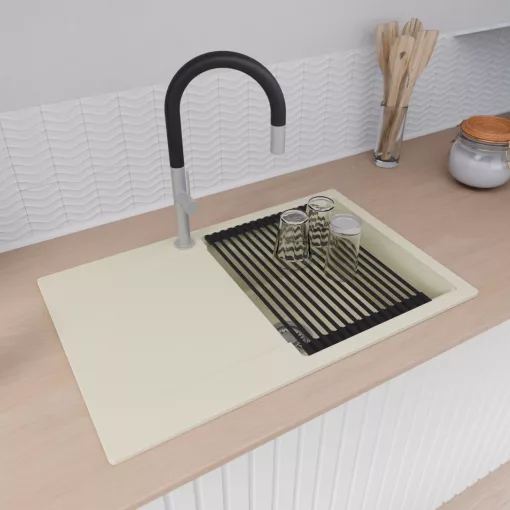 HD Onyx White 78 egymedencés mosogatótálca szett, matt fekete csepegtetőráccsal, csepegtetőtálcával, tört fehér színben, szálcsiszolt króm leeresztő szifonnal