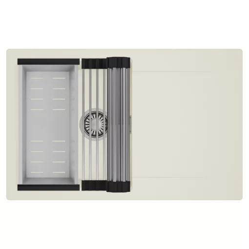 HD Onyx White 78 egymedencés mosogatótálca szett, acél csepegtetőráccsal és kosárral, csepegtetőtálcával, tört fehér színben, szálcsiszolt króm leeresztő szifonnal