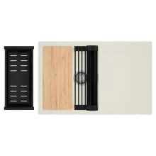 HD Onyx White 78 egymedencés gránit mosogatótálca szett, vágódeszkával, csepegtetőtálcával, vágódeszkával, matt fekete csepegtetőráccsal és kosárral, tört fehér színben, szálcsiszolt króm leeresztő szifonnal