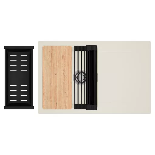 HD Onyx White 78 egymedencés gránit mosogatótálca szett, vágódeszkával, csepegtetőtálcával, vágódeszkával, matt fekete csepegtetőráccsal és kosárral, tört fehér színben, szálcsiszolt króm leeresztő szifonnal