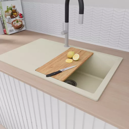 HD Onyx White 78 egymedencés gránit mosogatótálca szett, vágódeszkával, csepegtetőtálcával, vágódeszkával, matt fekete csepegtetőráccsal és kosárral, tört fehér színben, szálcsiszolt króm leeresztő szifonnal