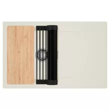 HD Onyx White 78 egymedencés gránit mosogatótálca szett, vágódeszkával, csepegtetőtálcával, vágódeszkával, matt fekete csepegtetőráccsal, tört fehér színben, szálcsiszolt króm leeresztő szifonnal