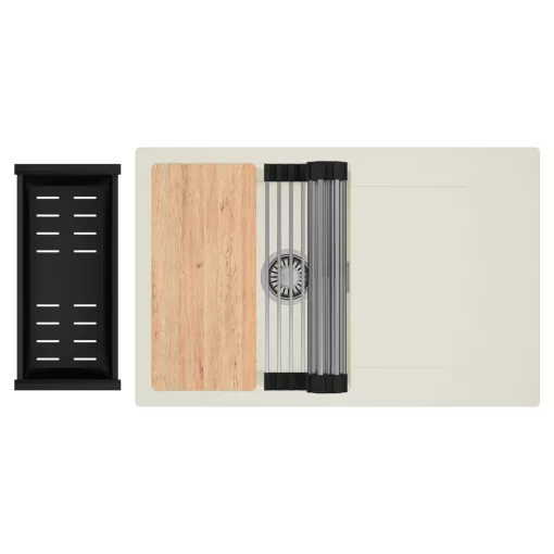 HD Onyx White 78 egymedencés gránit mosogatótálca szett, vágódeszkával, csepegtetőtálcával, vágódeszkával, acél csepegtetőráccsal és matt fekete kosárral, tört fehér színben, szálcsiszolt króm leeresztő szifonnal