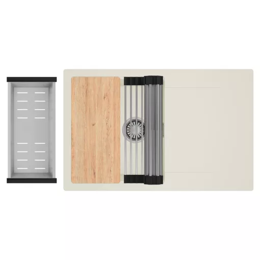 HD Onyx White 78 egymedencés gránit mosogatótálca szett, vágódeszkával, csepegtetőtálcával, vágódeszkával, acél csepegtetőráccsal és kosárral, tört fehér színben, szálcsiszolt króm leeresztő szifonnal