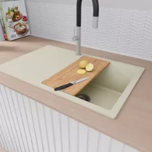 HD Onyx White 78 egymedencés gránit mosogatótálca szett, vágódeszkával, csepegtetőtálcával, vágódeszkával, acél csepegtetőráccsal, tört fehér színben, szálcsiszolt króm leeresztő szifonnal