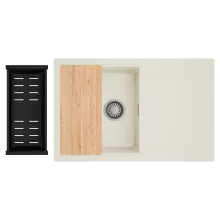 HD Onyx White 78 egymedencés gránit mosogatótálca szett, vágódeszkával, csepegtetőtálcával, vágódeszkával, matt fekete csepegtetőkosárral, tört fehér színben, szálcsiszolt króm leeresztő szifonnal