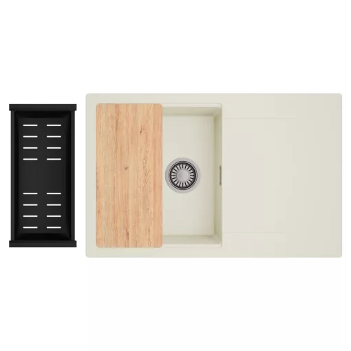 HD Onyx White 78 egymedencés gránit mosogatótálca szett, vágódeszkával, csepegtetőtálcával, vágódeszkával, matt fekete csepegtetőkosárral, tört fehér színben, szálcsiszolt króm leeresztő szifonnal