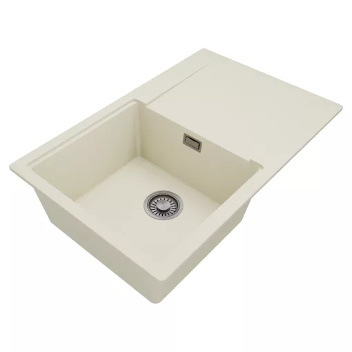 HD Onyx White 78 egymedencés gránit mosogatótálca, vágódeszkával, vágódeszkával, tört fehér színben, szálcsiszolt króm leeresztő szifonnal