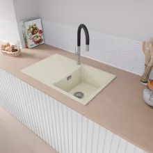 HD Onyx White 78 egymedencés gránit mosogatótálca, vágódeszkával, vágódeszkával, tört fehér színben, szálcsiszolt króm leeresztő szifonnal