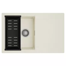 HD Onyx White 78 egymedencés mosogatótálca szett, matt fekete csepegtetőkosárral, csepegtetőtálcával, tört fehér színben, szálcsiszolt króm leeresztő szifonnal