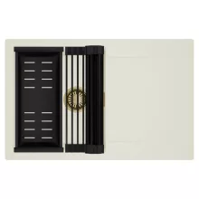 HD Onyx White 78 egymedencés mosogatótálca szett, matt fekete csepegtetőráccsal és kosárral, csepegtetőtálcával, tört fehér színben, szálcsiszolt arany leeresztő szifonnal