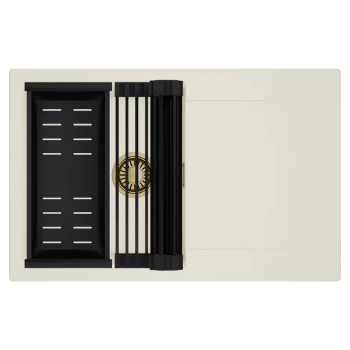 HD Onyx White 78 egymedencés mosogatótálca szett, matt fekete csepegtetőráccsal és kosárral, csepegtetőtálcával, tört fehér színben, szálcsiszolt arany leeresztő szifonnal