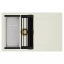 HD Onyx White 78 egymedencés mosogatótálca szett, matt fekete csepegtetőráccsal és krómozott kosárral, csepegtetőtálcával, tört fehér színben, szálcsiszolt arany leeresztő szifonnal