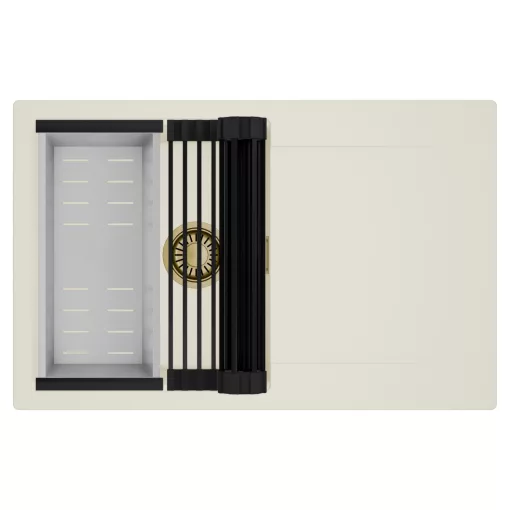 HD Onyx White 78 egymedencés mosogatótálca szett, matt fekete csepegtetőráccsal és krómozott kosárral, csepegtetőtálcával, tört fehér színben, szálcsiszolt arany leeresztő szifonnal