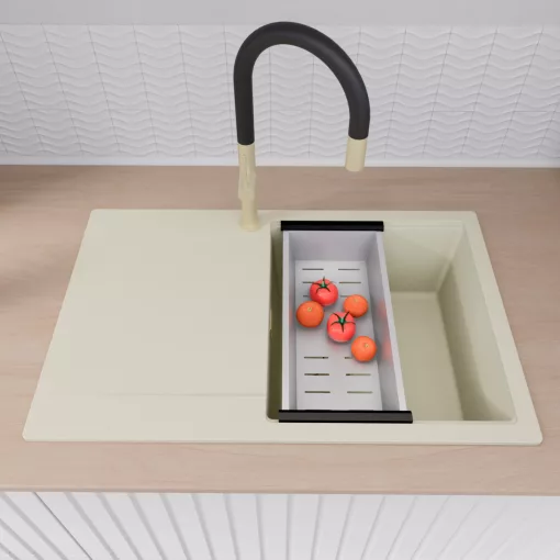 HD Onyx White 78 egymedencés mosogatótálca szett, matt fekete csepegtetőráccsal és krómozott kosárral, csepegtetőtálcával, tört fehér színben, szálcsiszolt arany leeresztő szifonnal