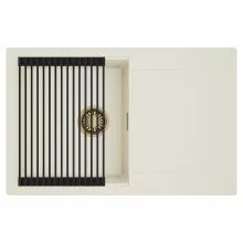 HD Onyx White 78 egymedencés mosogatótálca szett, matt fekete csepegtetőráccsal, csepegtetőtálcával, tört fehér színben, szálcsiszolt arany leeresztő szifonnal